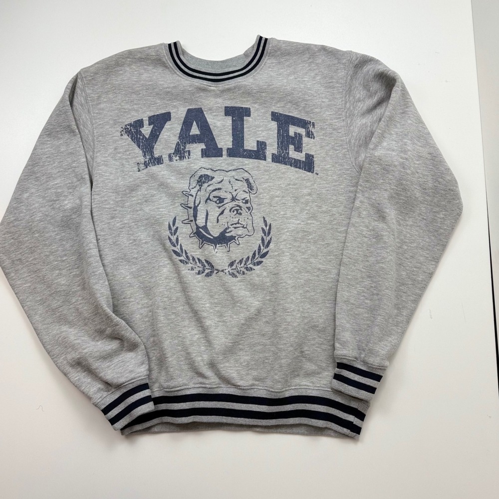 Yale University Sweatshirt Medium Gray Bulldog Graphic Crewneck Striped Trim